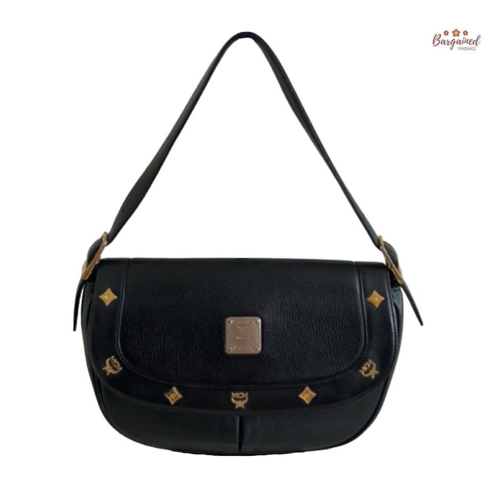 Authentic MCM Vintage Black Pebbled Leather Studded Logo Motifs Shoulder Bag